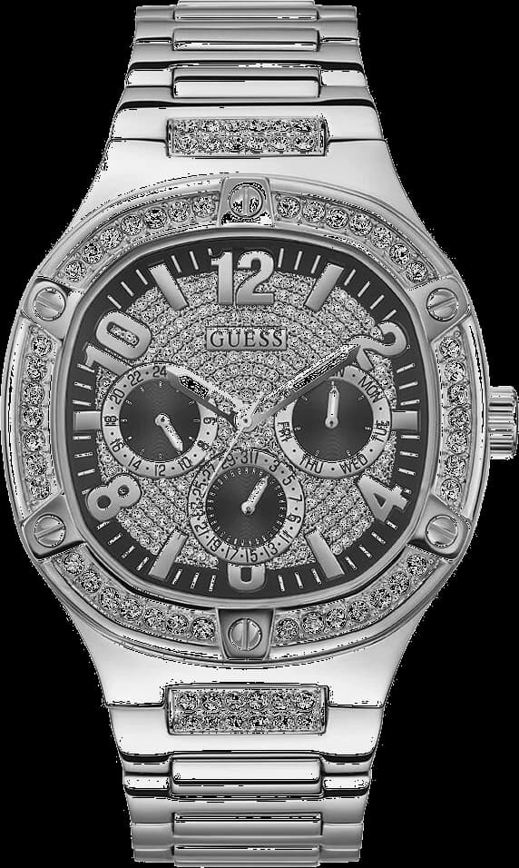 Montre Homme Guess Duke GW0576G1, boîtier argenté avec strass, bracelet acier