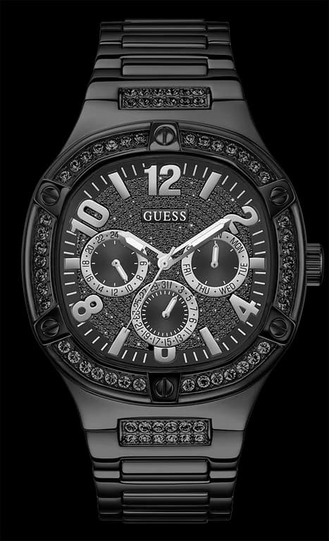 Montre Homme Guess Duke GW0576G3, boîtier et bracelet acier noir, cadran coussin multifonction