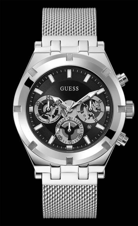 Montre Homme Guess Continental GW0582G1, cadran noir multifonction, bracelet maille milanaise argent