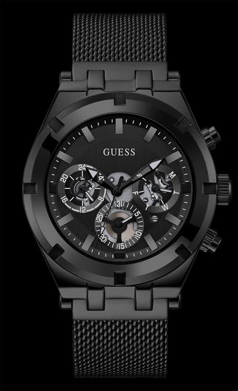 Montre Homme Guess Continental GW0582G3, cadran multifonction noir, bracelet maille milanaise acier noir