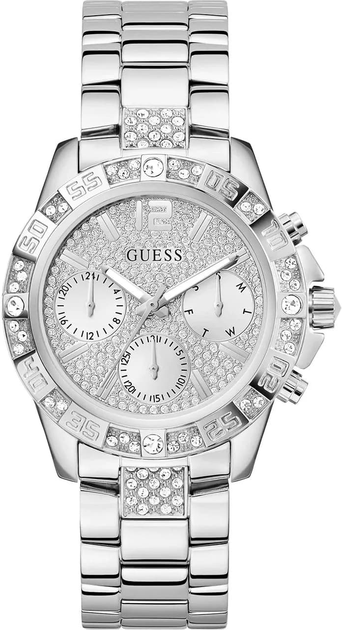 Garde-temps Guess GW0771L1 présentant cadran argenté soleillé avec index baguette et aiguilles en acier, finition polie et cristaux scintillants sur liseré
