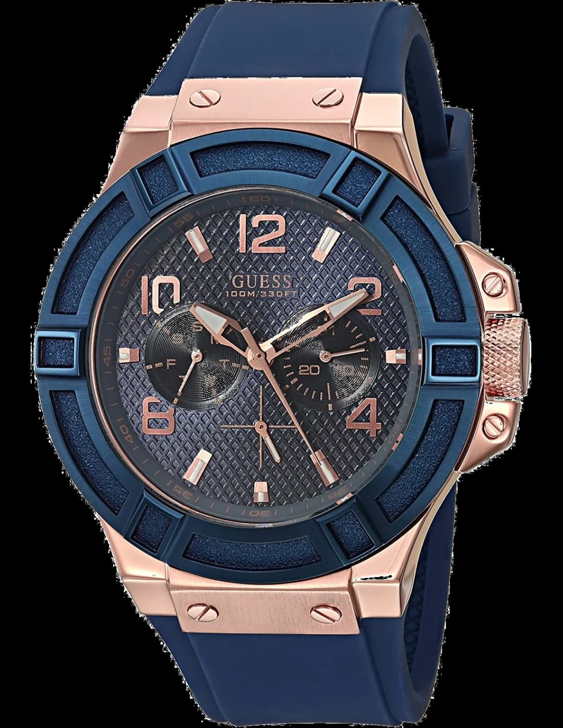 Montre Homme Guess Rigor W0247G3 - Boîtier bicolore or rose, cadran et bracelet bleu