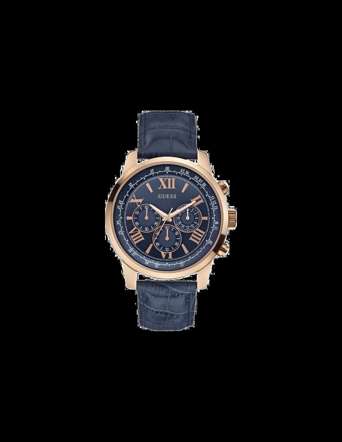 Montre Homme Guess Horizon W0380G5 - Boîtier Or Rose, Cadran Bleu, Bracelet Cuir