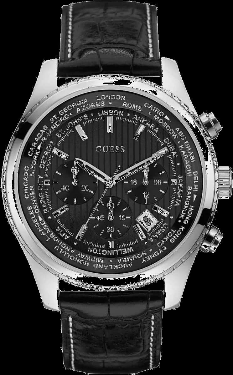 Montre Homme Guess W0500G2 - Boîtier Argenté 46mm, Cadran Noir Multifonction, Bracelet Cuir Noir