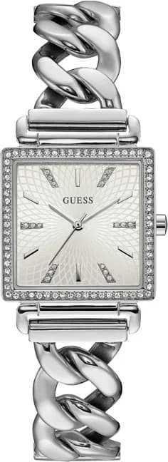 Garde-temps Guess W1030L1 avec cadran blanc argenté soleillé et cristaux scintillants