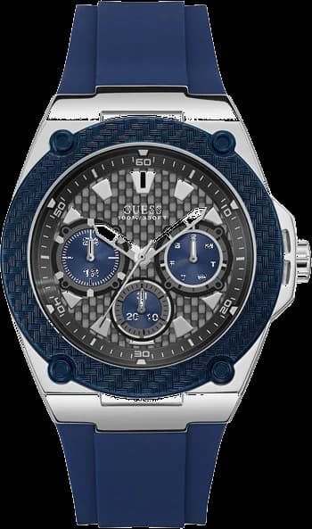 Montre Homme Guess Legacy W1049G1, Cadran Tonneau Gris Multifonction, Bracelet Silicone Bleu