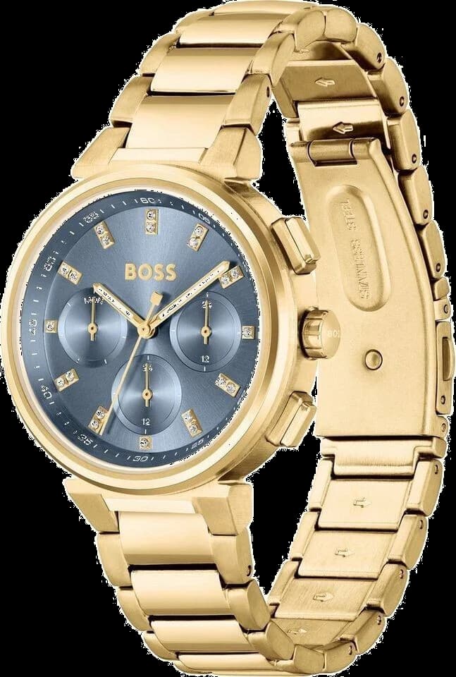 Visage cadran Hugo Boss 1502677 aux index baguette en or jaune et guichet date à 3h