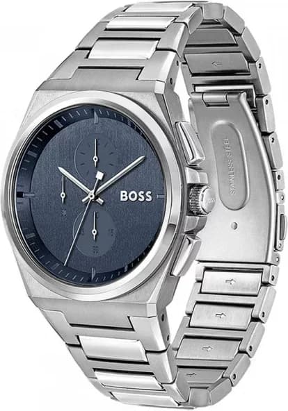 Visage cadran Hugo Boss 1514048 dévoile index bâtons polis, aiguilles dauphine, date à 3h, contraste bleu argent