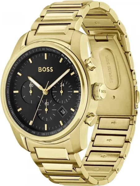 Visage cadran Hugo Boss 1514006 dévoile trois compteurs multifonction, aiguilles bâton et index argentés sur fond noir mat