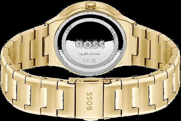 Attache bracelet Hugo Boss 1502715 en acier inoxydable doré, maillons milanais souples, fermoir déployante sécurité
