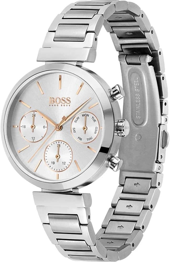Visage cadran Hugo Boss 1502530 dévoile index appliques argentés, aiguilles dauphine et guichet date à 3h