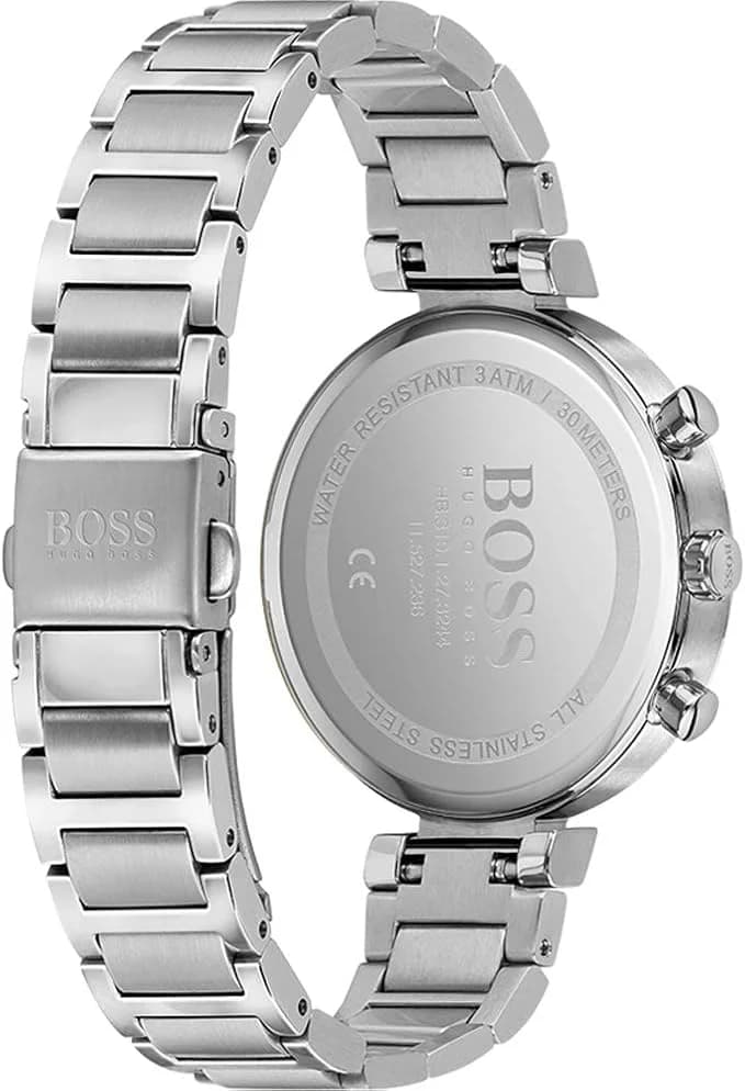 Attache bracelet Hugo Boss 1502530 en acier inoxydable brossé avec fermoir déployant double sécurité et maillons ajustables