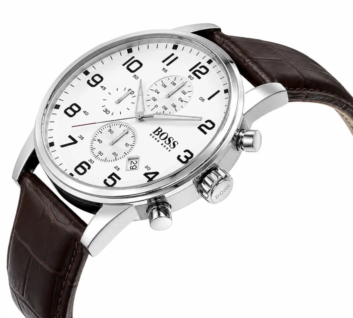 Visage cadran Hugo Boss 1512447 featuring applied indices, date window at 3 o'clock, and luminous hands for legibility