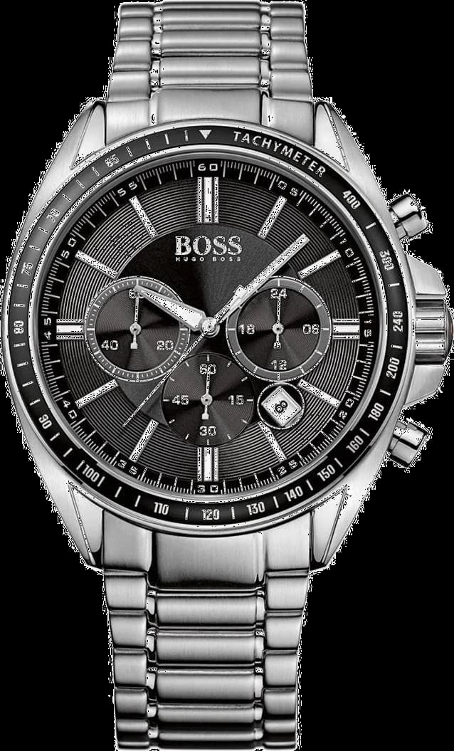 Garde-temps Hugo Boss 1513080 avec cadran noir soleillé, acier argenté et aiguilles luminescentes pour lisibilité