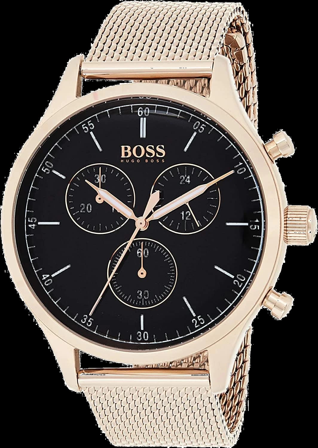 Montre Homme Hugo Boss 1513548, Boîtier Or Rose 44mm, Cadran Noir, Bracelet Maille Milanaise