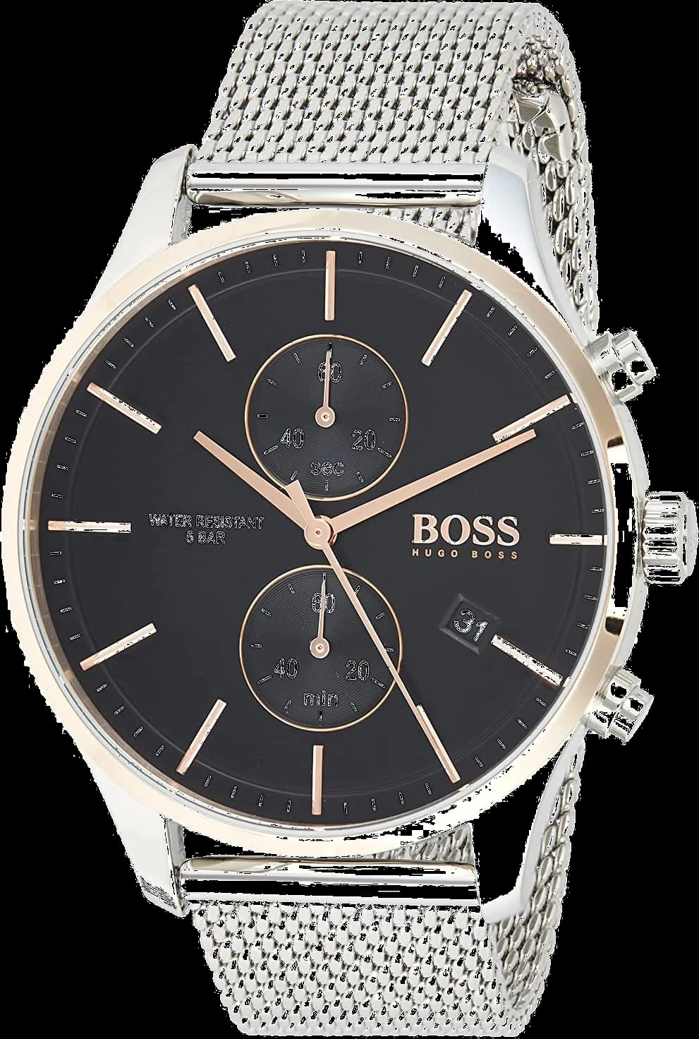 Montre Homme Hugo Boss Associate 1513805, Cadran Noir, Boîtier Argent, Bracelet Maille Milanaise
