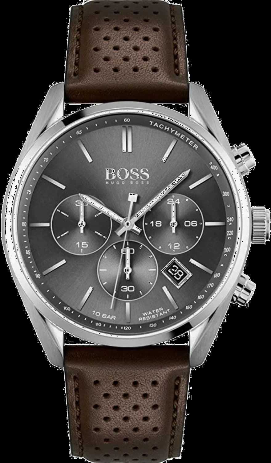 Montre Homme Hugo Boss Champion 1513815, Cadran Gris 44mm, Bracelet Cuir Perforé Marron
