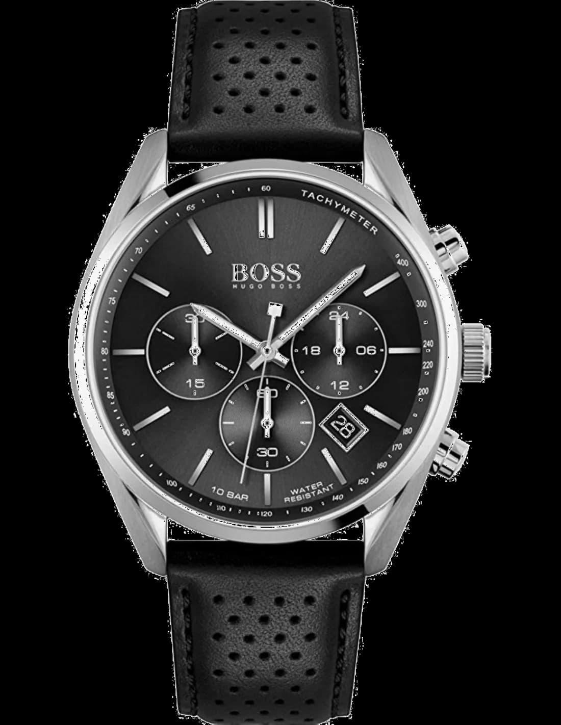 Montre Hugo Boss Champion 1513816 pour Homme - Boîtier Acier, Cadran Noir, Bracelet Cuir Perforé Noir