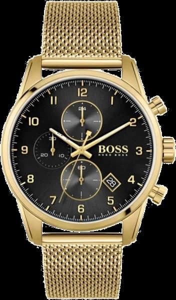 Montre Homme Hugo Boss Skymaster 1513838, Cadran Noir, Boîtier et Bracelet Maille Milanaise Or