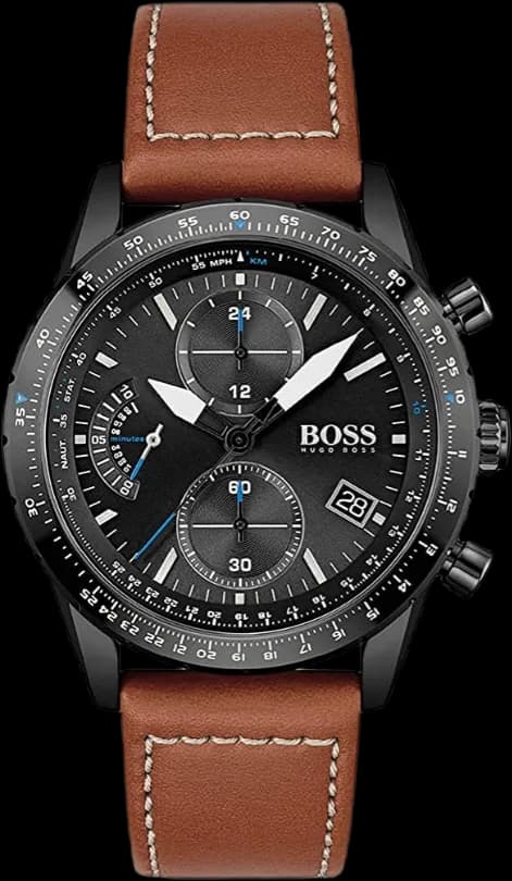 Montre Homme Hugo Boss Pilot Edition 1513851 Chronographe Cadran Noir Bracelet Cuir Marron