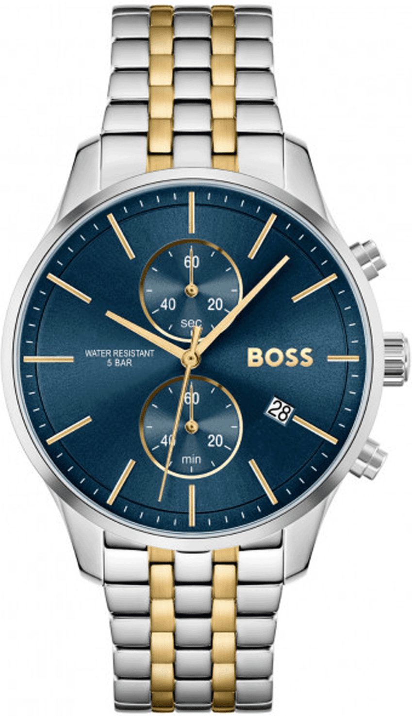 Garde-temps Hugo Boss 1513976 au cadran bleu soleillé, aiguilles argentées et index bâton, chronographe 3 compteurs