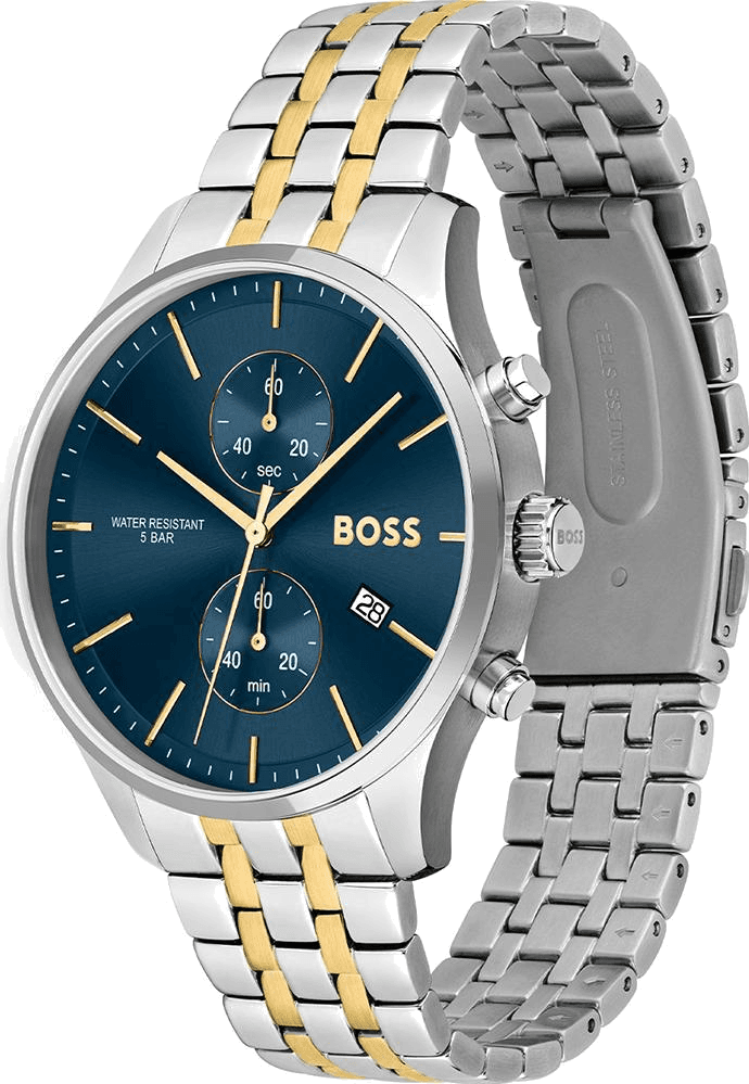Visage cadran Hugo Boss 1513976 avec compteurs 60 secondes, 30 minutes et 12 heures, guichet date à 3h, aiguilles luminescentes