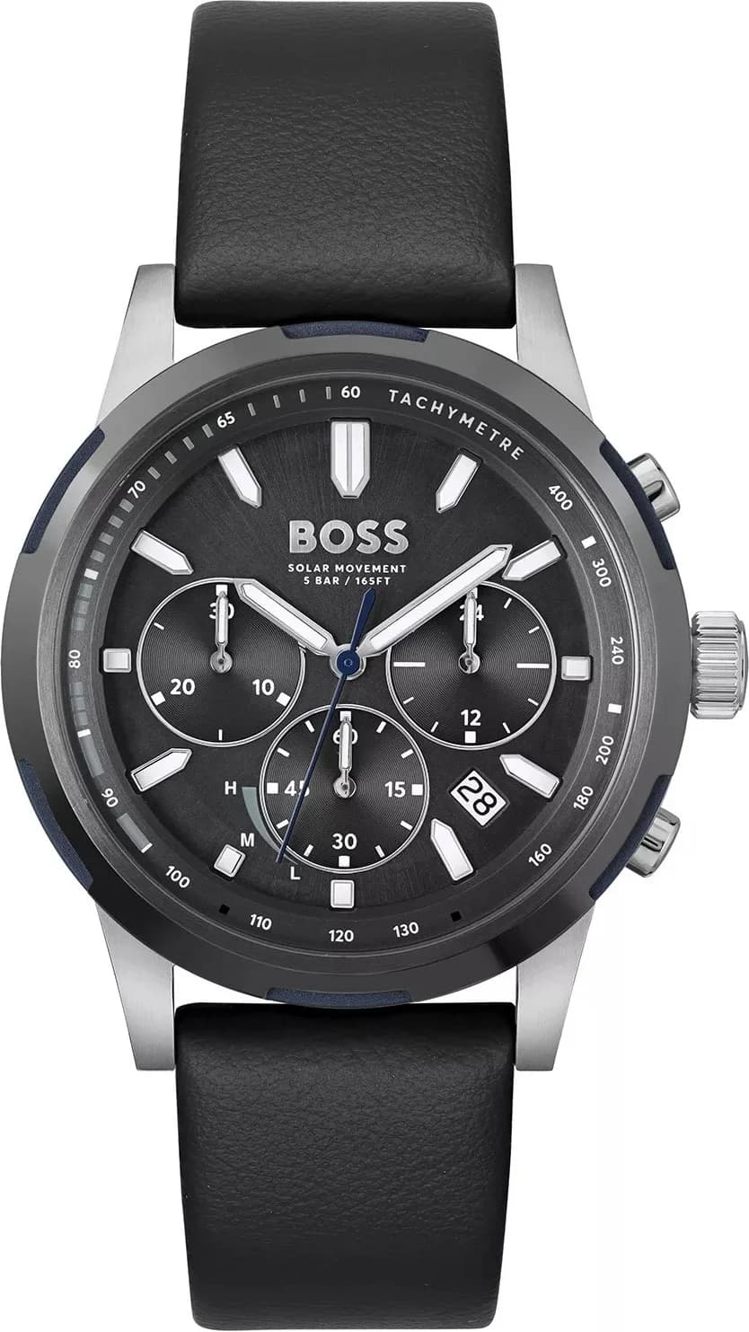 Garde-temps Hugo Boss 1514031 en acier poli avec cadran noir soleillé et aiguilles luminescentes