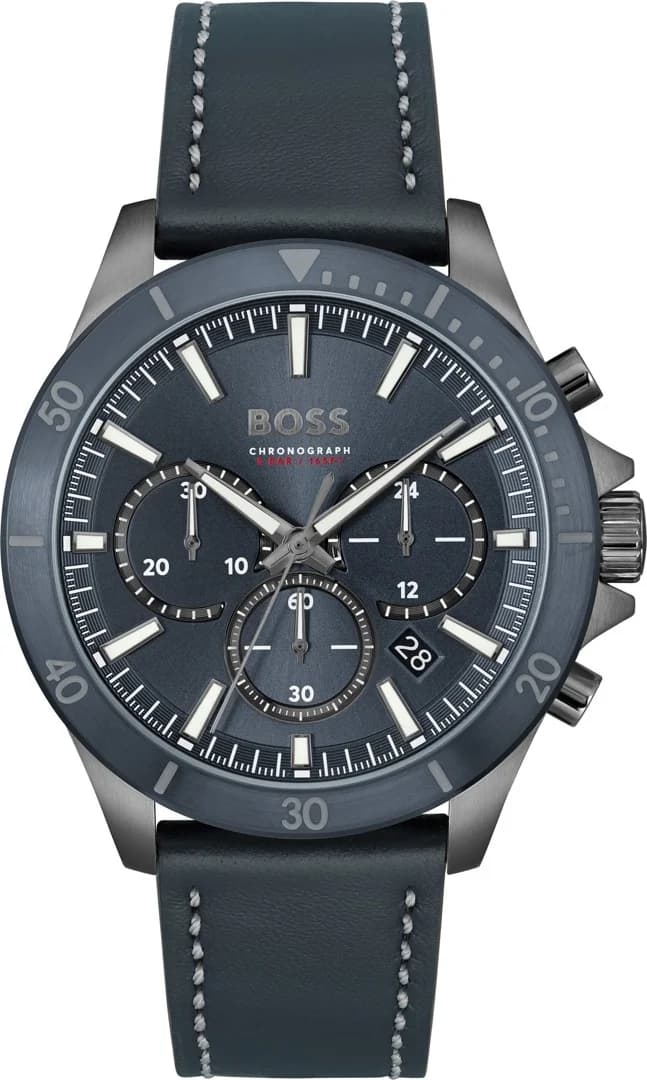 Montre Homme Hugo Boss Troper 1514056, boîtier acier gris 44mm, cadran bleu multifonctions, bracelet cuir bleu