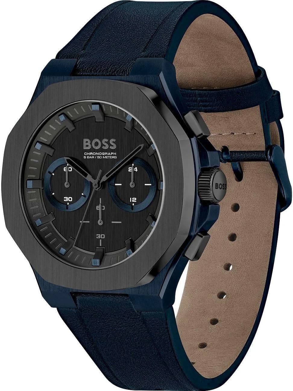 Visage cadran Hugo Boss 1514086 dévoile index appliqués bâtons, guichet date à 4h30, aiguilles luminescentes