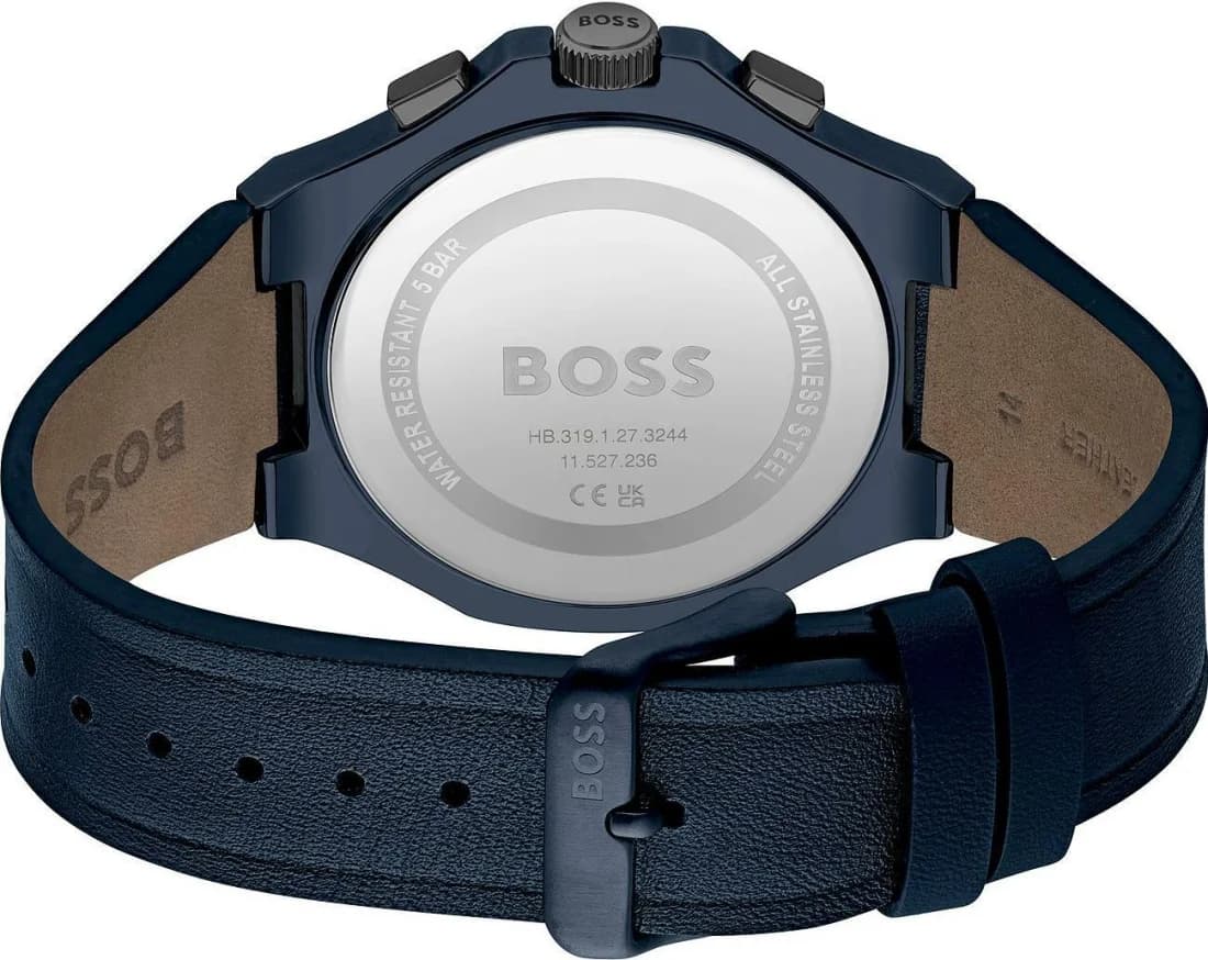 Attache bracelet Hugo Boss 1514086 en cuir bleu cousu avec fermoir déployant acier brossé et double poussoir