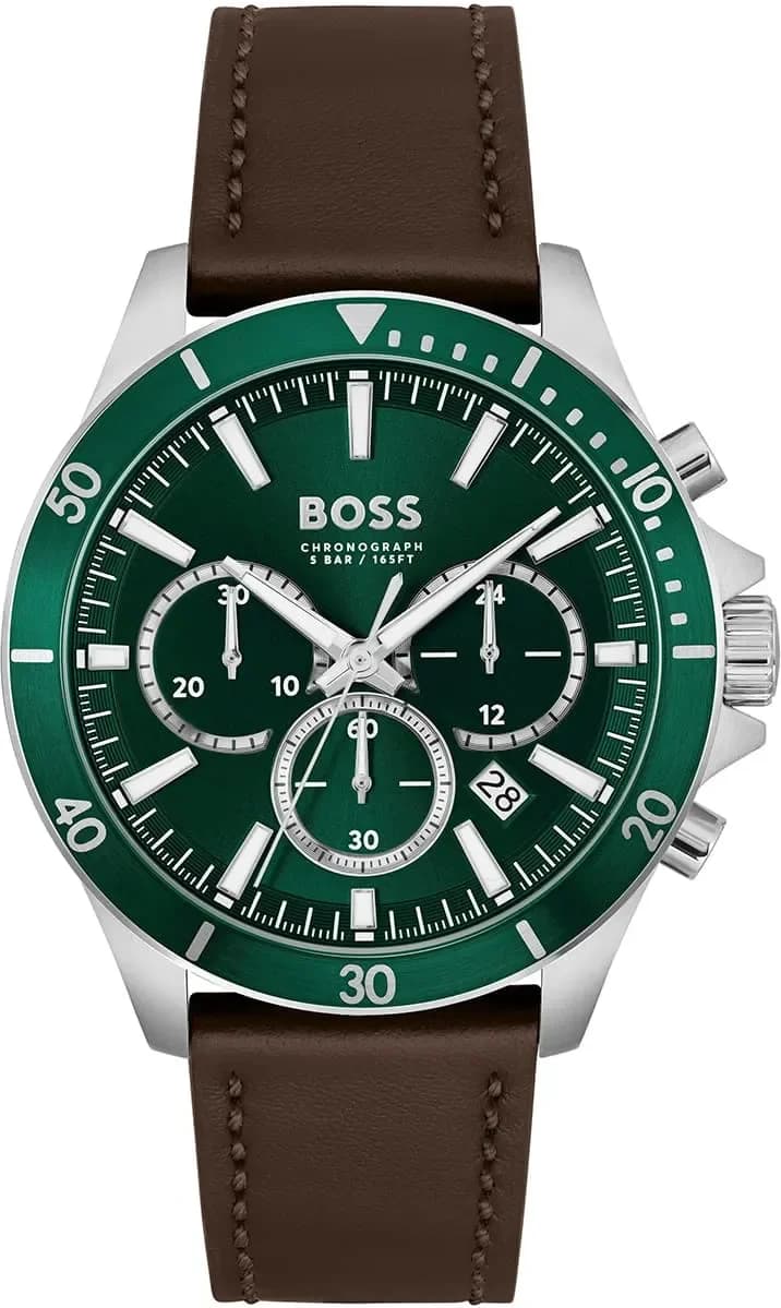 Montre Homme Hugo Boss Troper 1514098 - Cadran Vert, Bracelet Cuir Marron, Chronographe