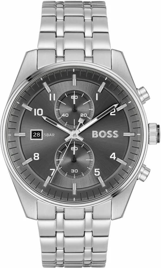 Garde-temps Hugo Boss 1514151 avec cadran noir soleil et aiguilles argentées, design moderne