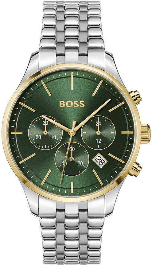 Garde-temps Hugo Boss 1514159 avec cadran vert forêt, aiguilles argentées et index appliqués pour une lisibilité optimale