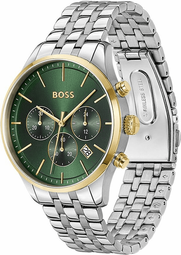 Visage cadran Hugo Boss 1514159 dévoile index bâtons polis, aiguilles dauphine et guichet date à 3h sur fond vert soleil