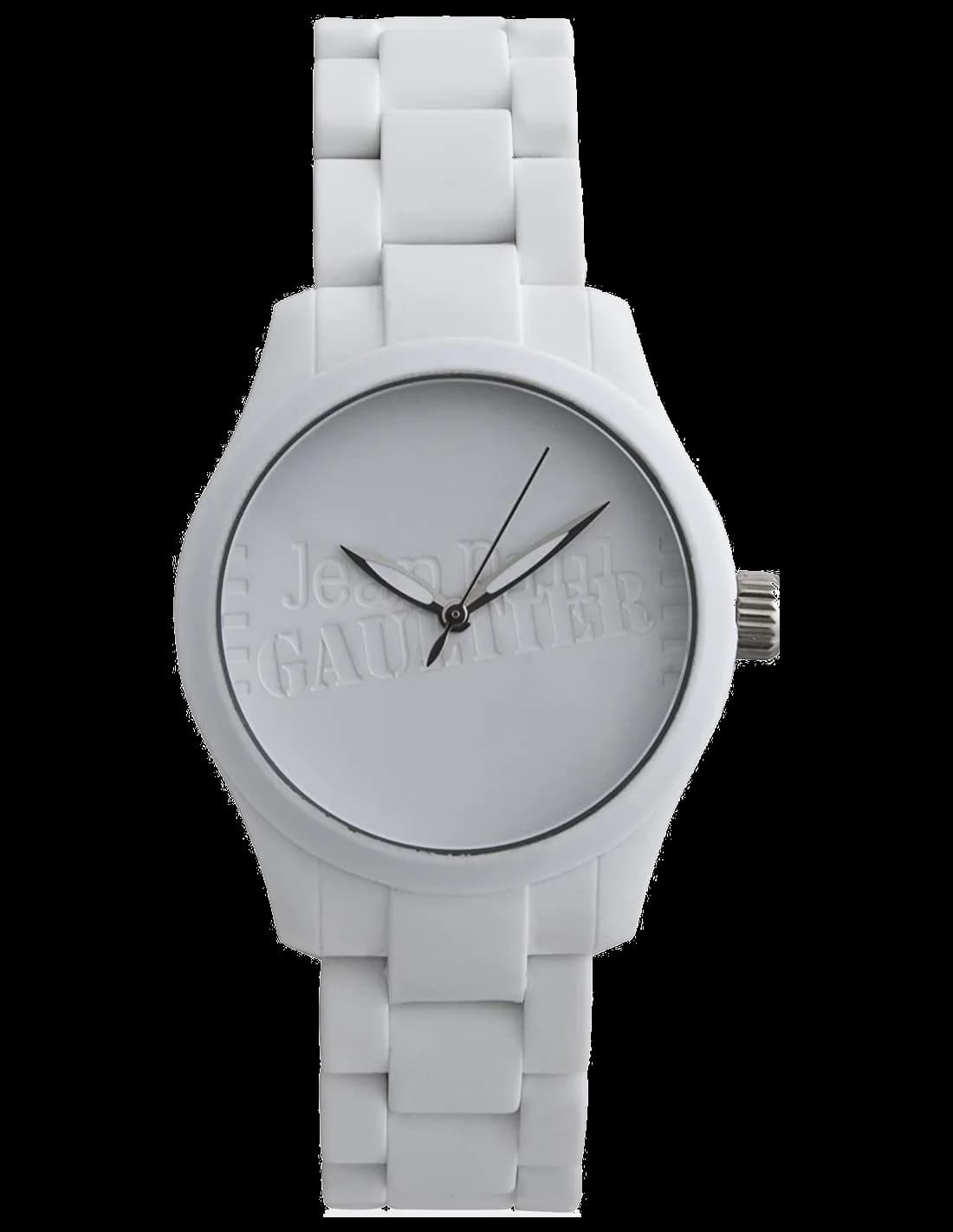 Garde-temps Jean Paul Gaultier 8501105 au cadran blanc épuré et boîtier acier, style minimaliste contemporain