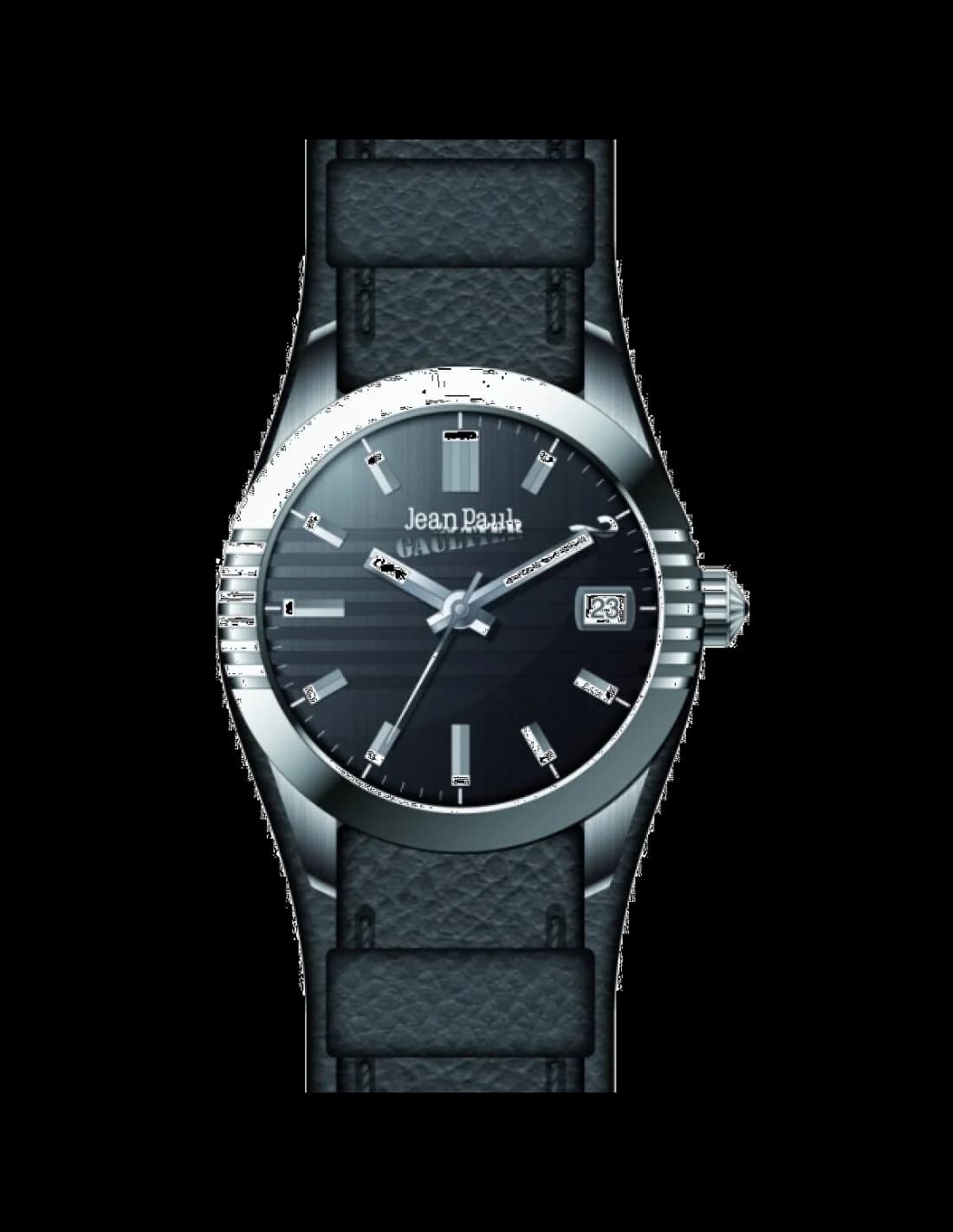 Garde-temps Jean Paul Gaultier 8502501 boîtier acier noir mat cadran soleil noir index bâtons appliqués aiguilles dauphines luminescentes