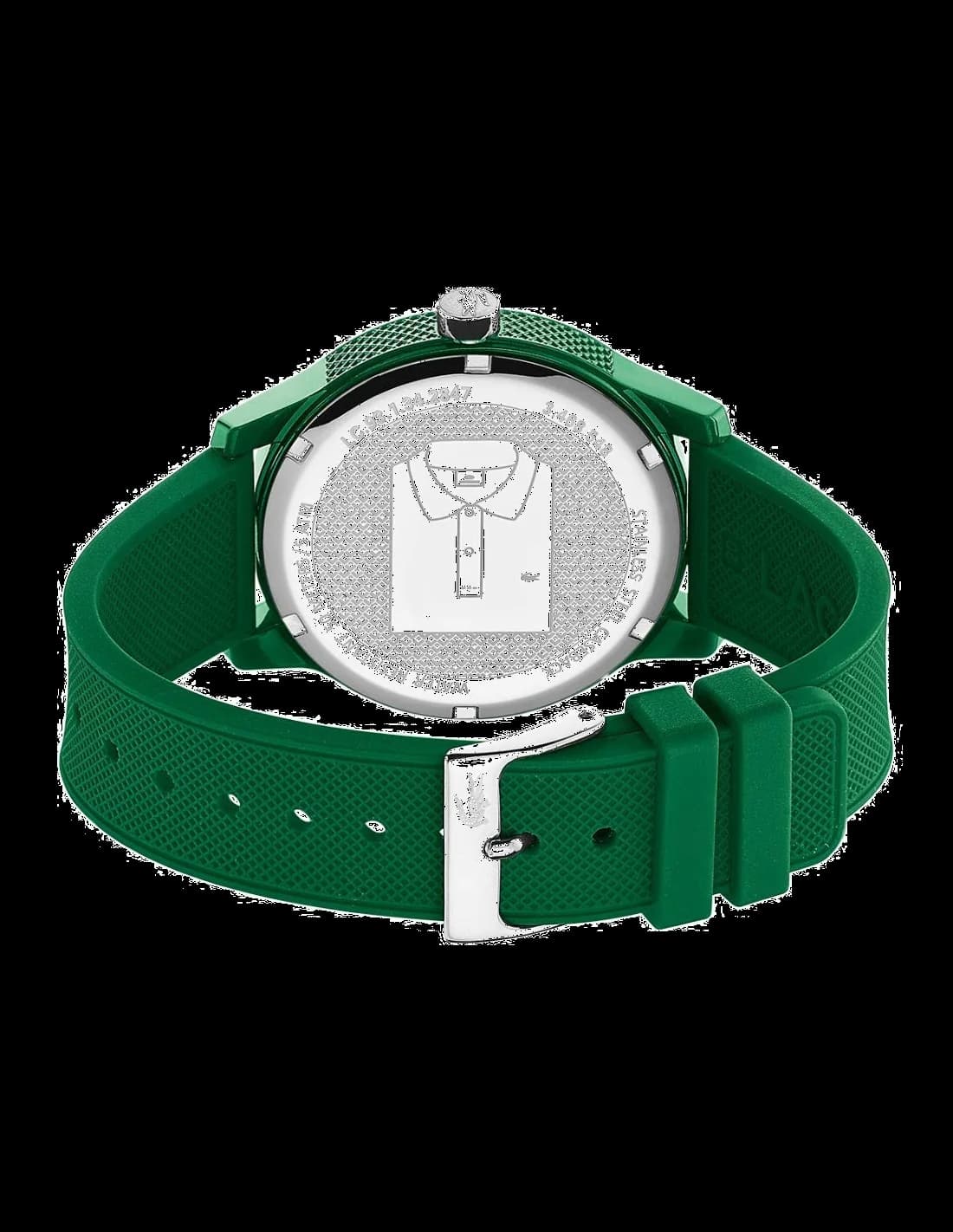 Visage cadran Lacoste 2010985 détail des index bâtons polis, aiguilles luminescentes et date à 3h sur fond vert satiné