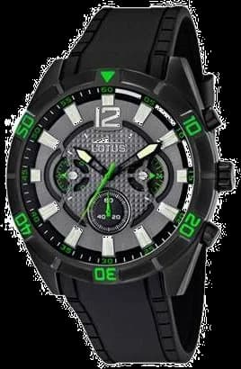 Garde-temps Lotus L10114/3 au cadran noir soleillé contrasté par des compteurs verts et aiguilles luminescentes