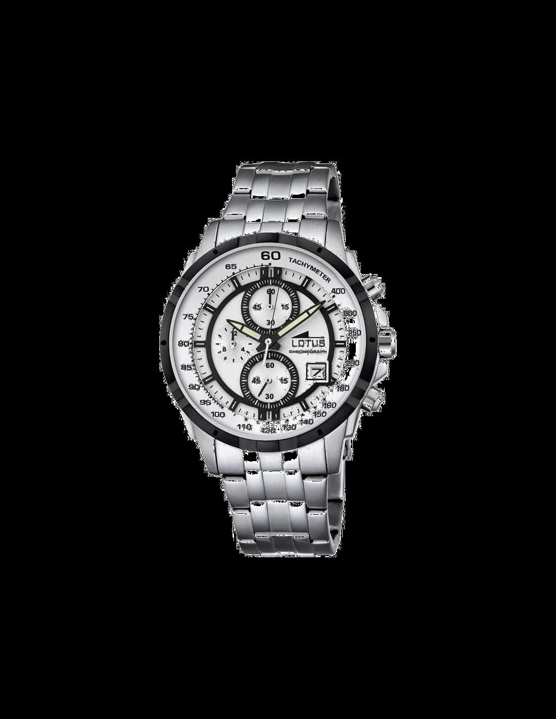 Garde-temps Lotus L10130/3 cadran argent soleil, index bâtons polis, aiguilles luminescentes, guichet date à 3h, mouvement quartz chronographe