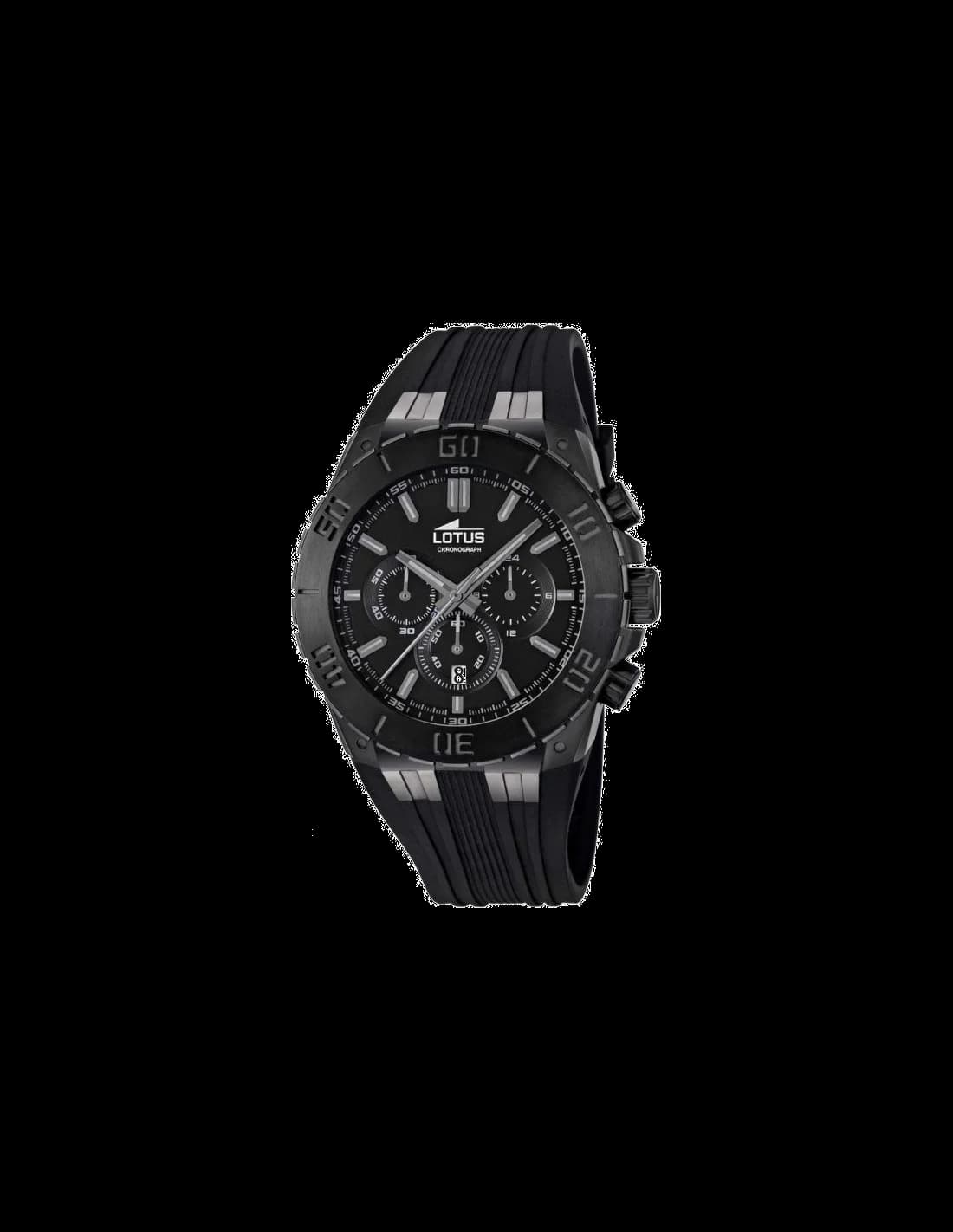 Garde-temps Lotus L15803/1 avec cadran noir soleillé, index argentés et trotteuse rouge sur fond sombre