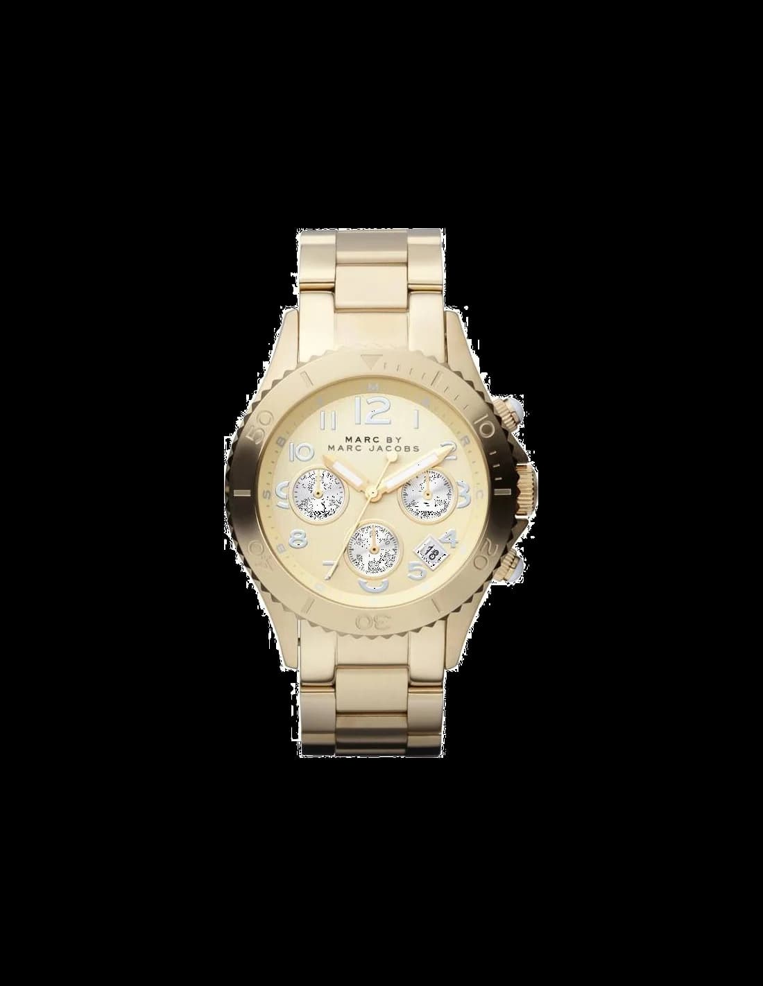 Garde-temps Marc Jacobs MBM3188 au cadran noir soleil, aiguilles dorées et compteurs chrono sur fond lumineux