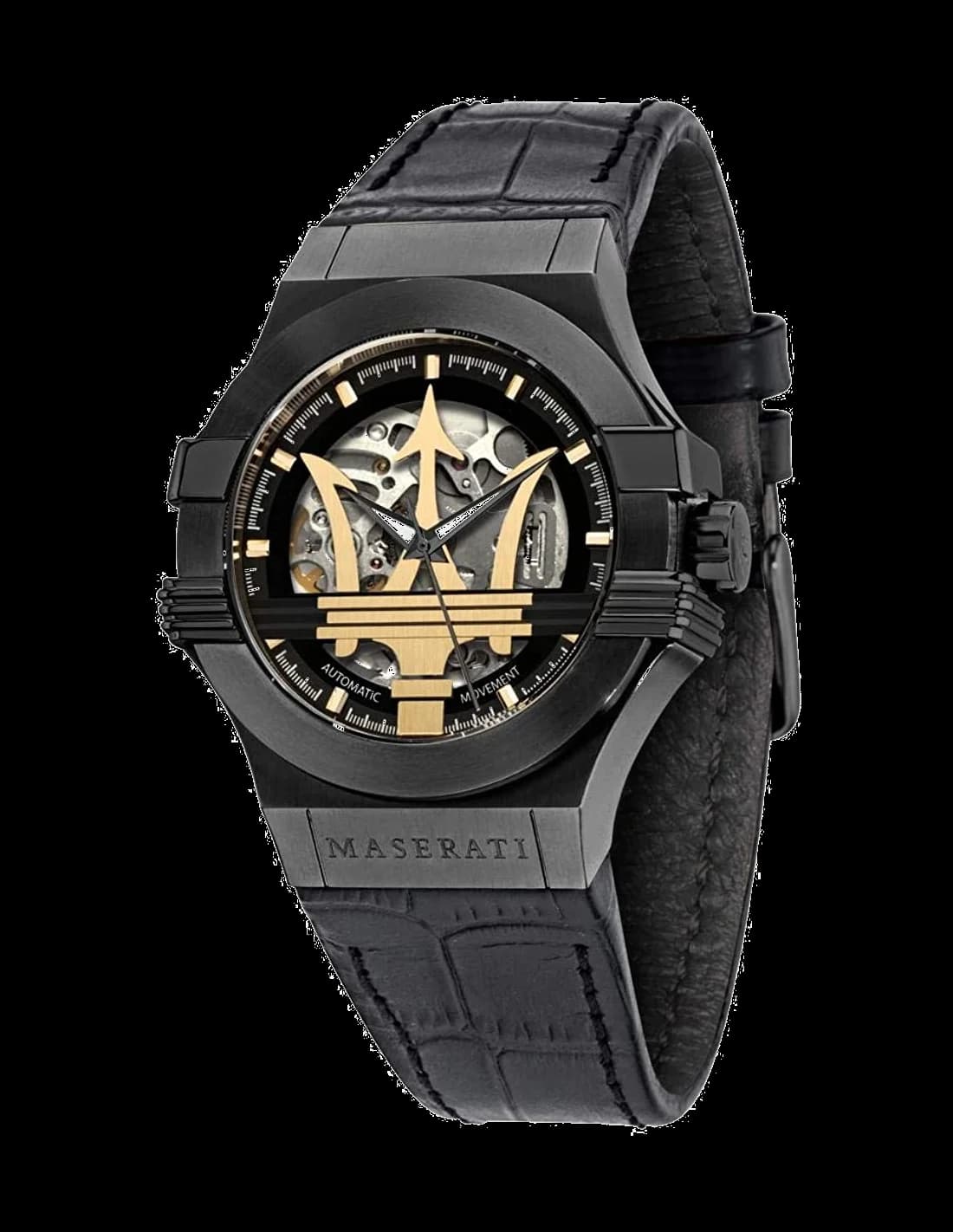 Garde-temps Maserati R8821108027 dévoile cadran squelette full black avec aiguilles et index argentés sur mouvement automatique visible