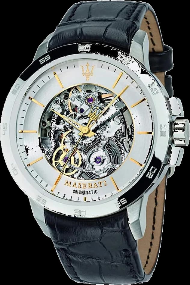 Montre Homme Maserati Ingegno Automatique Squelette R8821119002 - Cadran Argenté, Boîtier Argent, Bracelet Cuir Noir