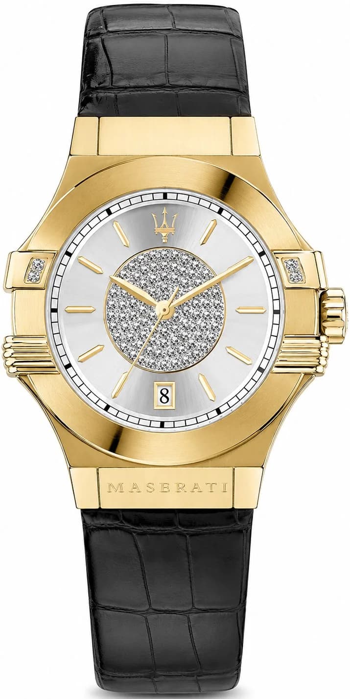 Montre Femme Maserati Potenza R8851108505 Quartz Cadran Argenté Boîtier Or Bracelet Cuir Noir