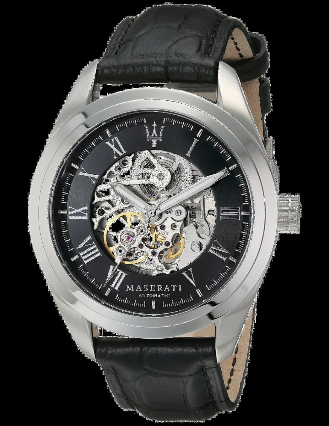 Montre Homme Maserati Traguardo R8871612001 Cadran squelette automatique, boîtier acier et bracelet cuir noir