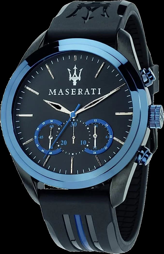 Garde-temps Maserati R8871612006 affichant cadran noir soleillé avec compteurs chronographe blancs et index appliqués bâtons rhodiés