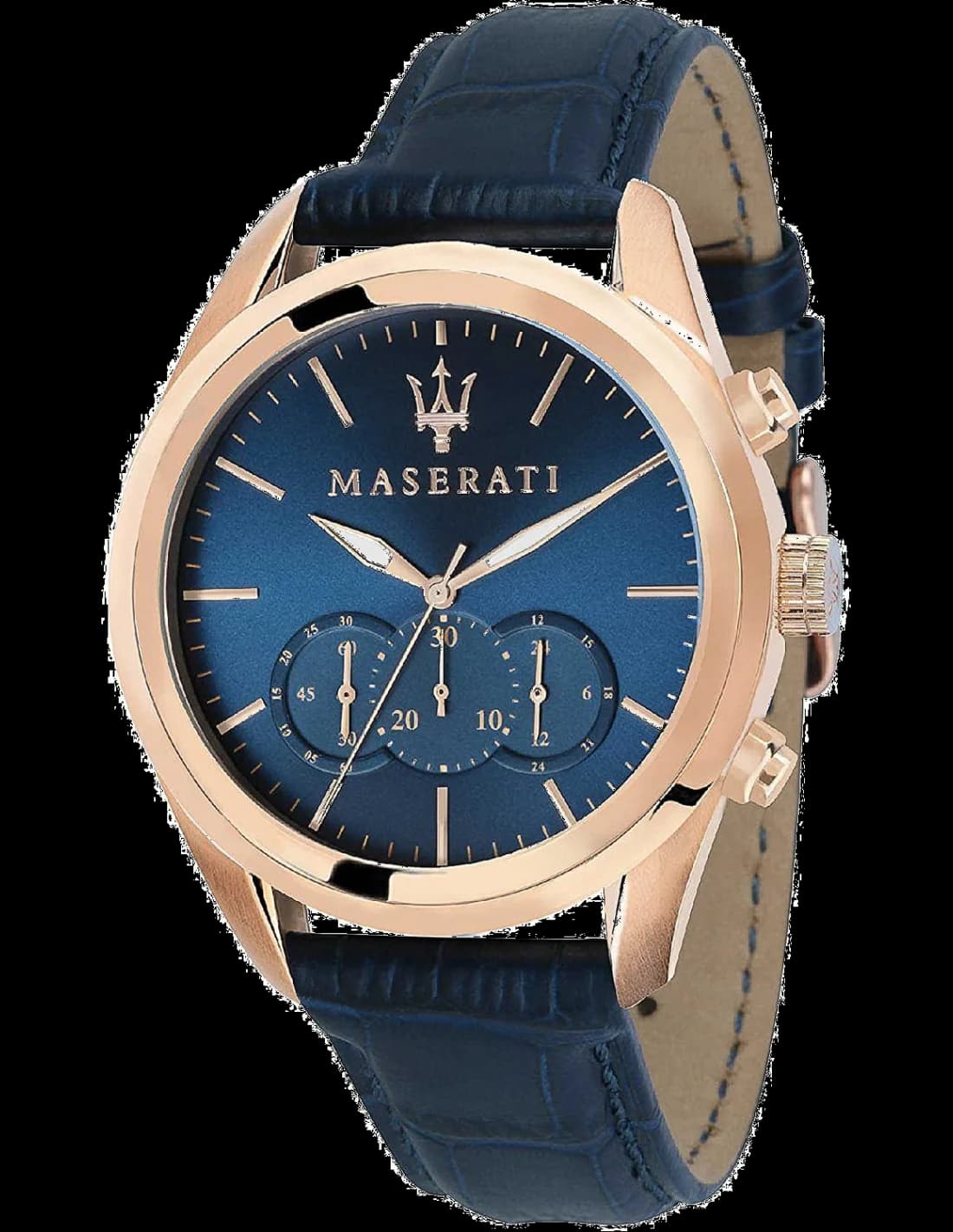 Montre Homme Maserati Traguardo R8871612015 - Boîtier Acier Or Rose, Cadran et Bracelet Cuir Bleu
