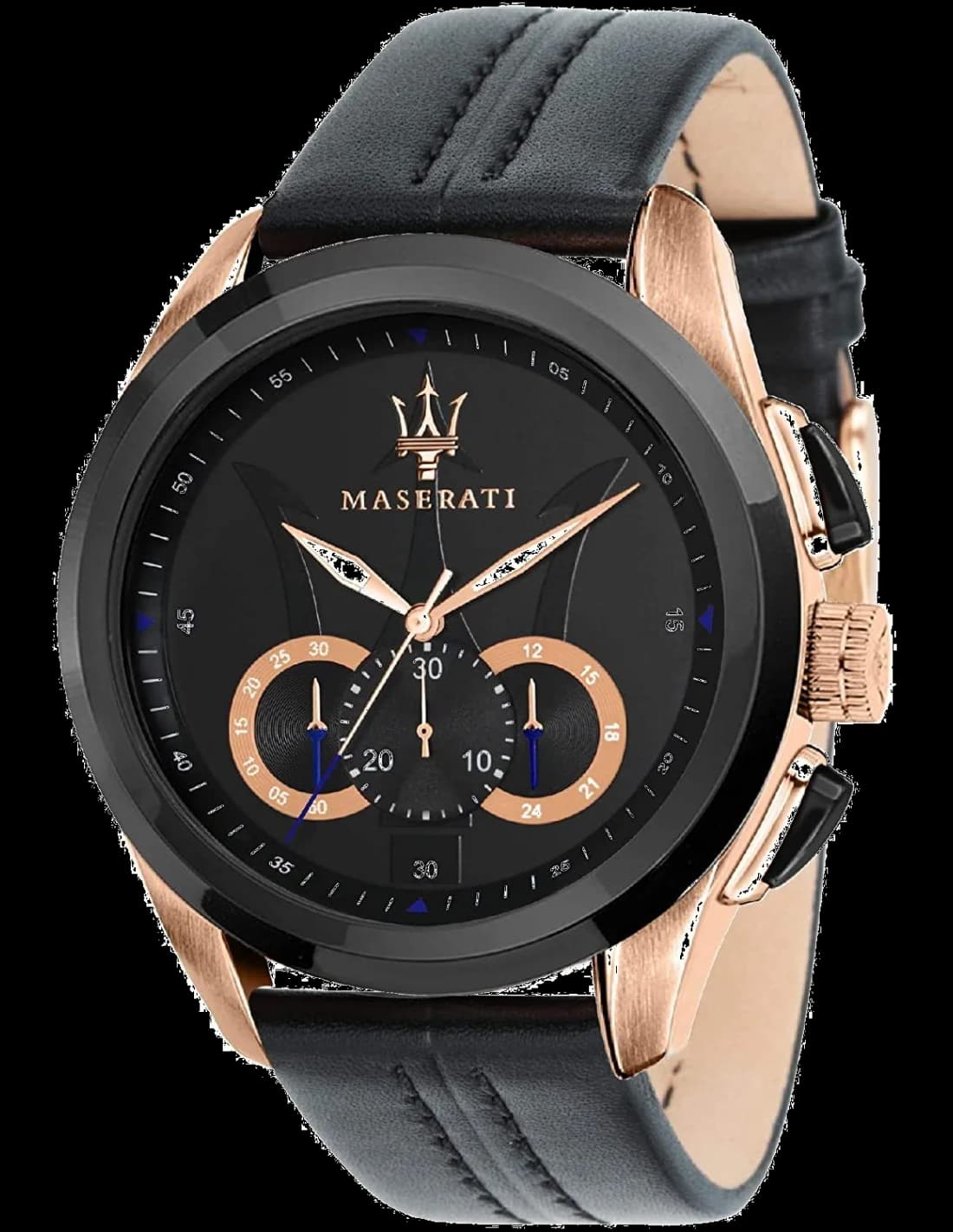 Garde-temps Maserati R8871612025 au cadran noir soleil, aiguilles et index or rose, style sport chic