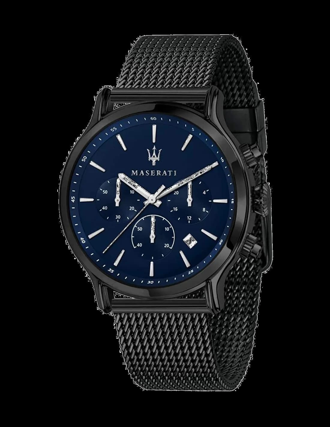 Garde-temps Maserati R8873618008 avec cadran noir soleillé et index bâton polis, style sport-élégant