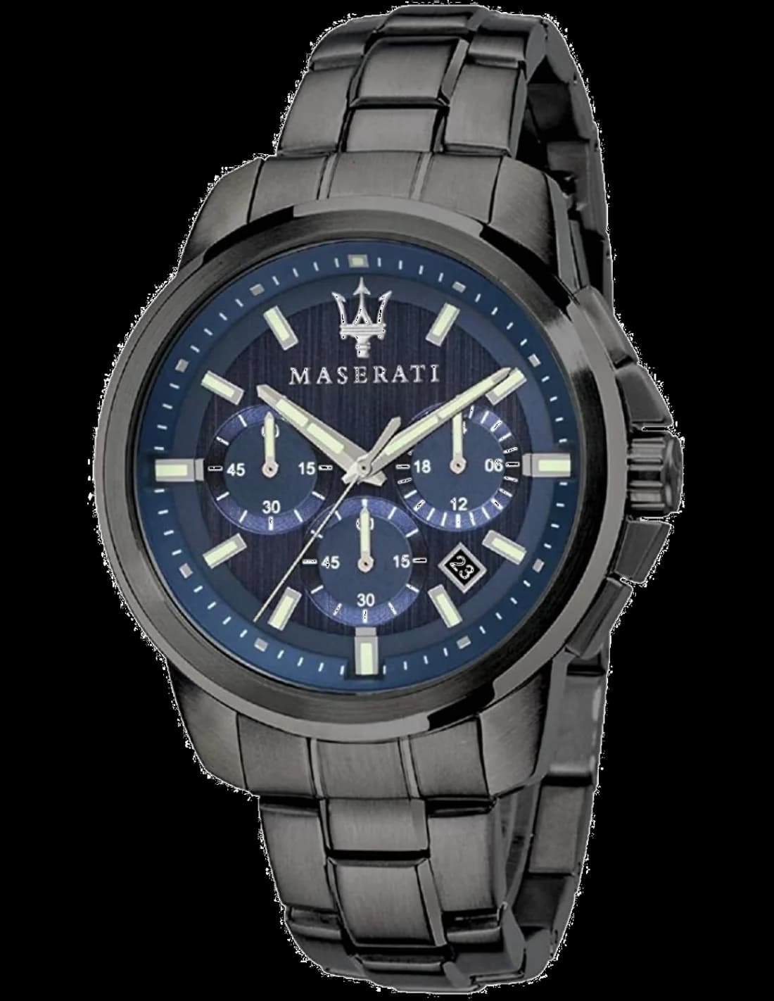 Garde-temps Maserati R8873621005 avec cadran noir soleillé, aiguilles luminescentes et index appliqués pour lisibilité maximale